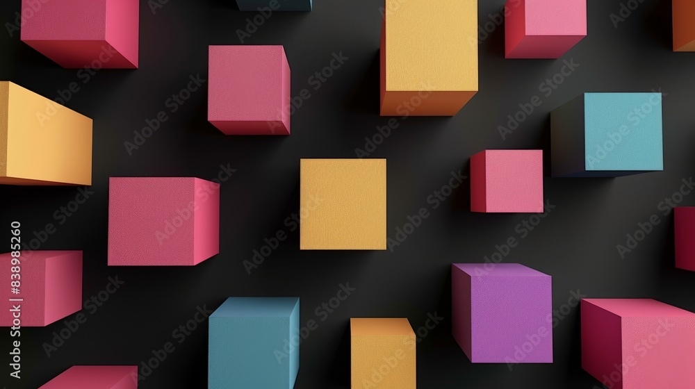 Poster vibrant 3d colorful cubes floating against a dark background, creating a modern, abstract architectu