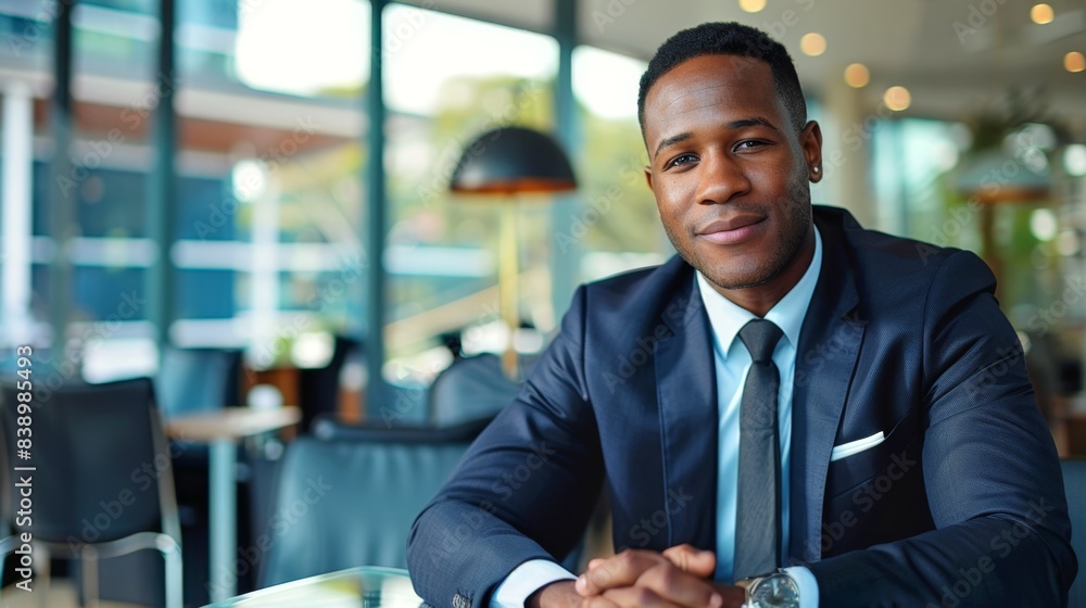 Poster smiling businessman in modern office setting. this stock image shows a professional man in a suit, i