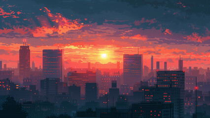 Fototapeta premium Pixelated Dreams: A Gloomy Evening City Sky in Japanese Anime Style
