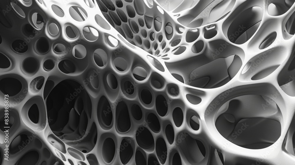 Fototapete abstract 3d rendering of a complex, organic structure with holes and curves in grayscale, resembling