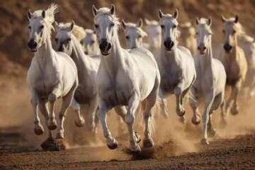 herd of horses in field, A high-definition, super realistic image of a herd of white horses running across a dirt field