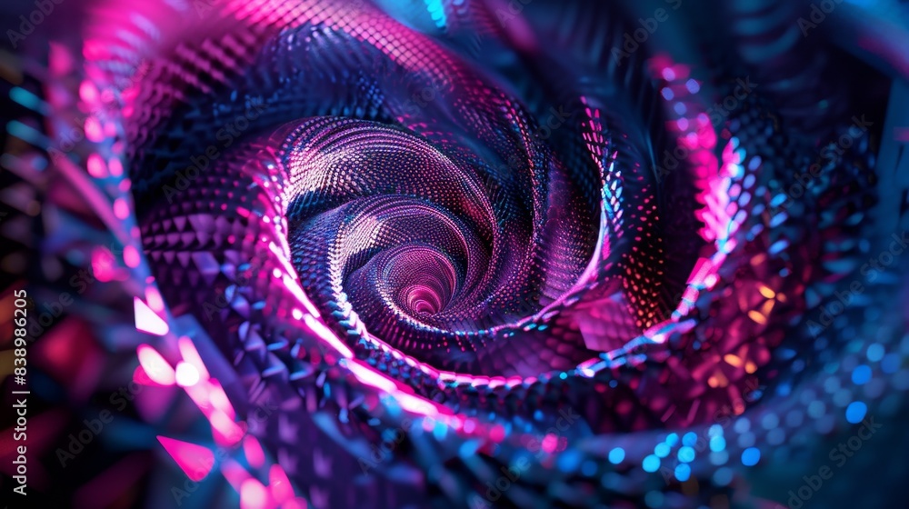 Poster abstract digital vortex with vibrant purple and blue hues, creating a mesmerizing, futuristic and dy