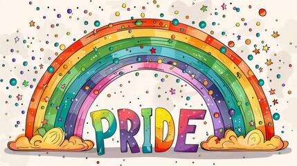 Obraz premium Cheerful pride rainbow with fluffy clouds and stars on blue background, showcasing inclusivity, joy, and celebration in a whimsical, playful illustration.
