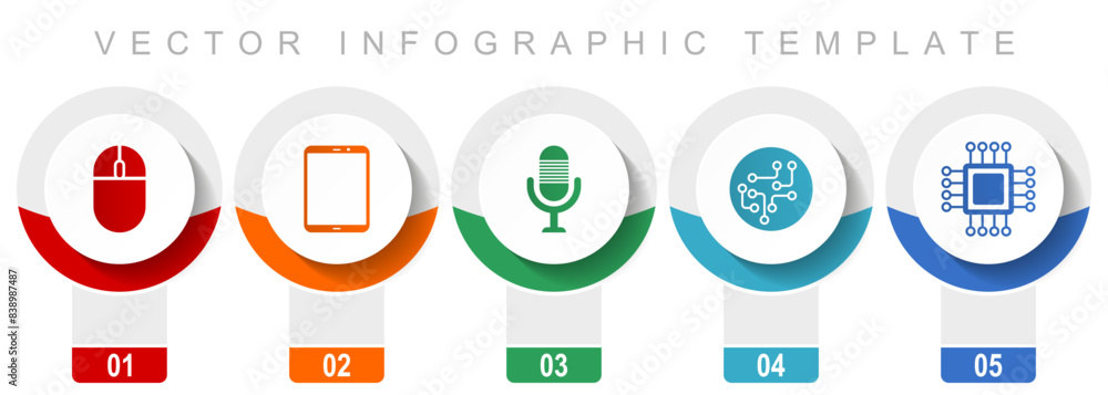 Poster Technology icon set, miscellaneous vector icons such as computer mouse, tablet, microphone, chip and cpu, modern design infographic template, web buttons in 5 color options