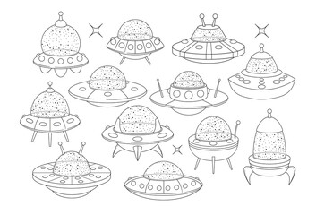 Black And White Flying Ufo Saucers Isolated Outline Vector Icons Set. Cosmic Engines For Science Fiction Themes