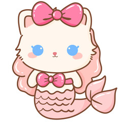 Hand drawn illustration Coquette style white kawaii cat kitty kitten wearing pink Ribbon Bow pastel color isolated on transparent background, perfect for valentines day gifts, nursery Mermaid