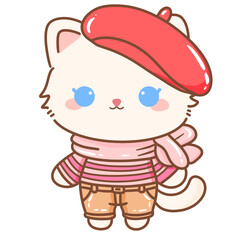 Hand drawn illustration Coquette style white kawaii cat kitty kitten wearing pink Ribbon Bow pastel color isolated on transparent background, perfect for valentines day gifts, nursery red berret