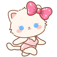Hand drawn illustration Coquette style white kawaii cat kitty kitten wearing pink Ribbon Bow pastel color isolated on transparent background, perfect for valentines day gifts, nursery decorations