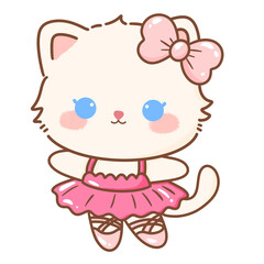 Hand drawn illustration Coquette style white kawaii cat kitty kitten wearing pink Ribbon Bow pastel color isolated on transparent background, perfect for valentines day gifts, nursery ballerina