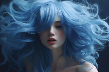 Naklejka premium An artistic portrayal of a unique individual with striking blue hair and a captivatingly beautiful face.