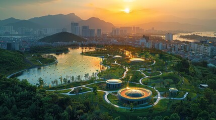 Da Nang, Vietnam - september 17th 2022: Aerial view of Da Nang Apec sculpture park at sunrise