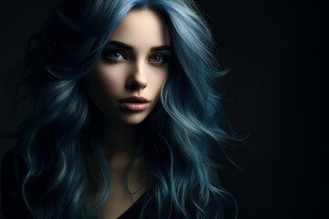 Fototapeta premium An artistic portrayal of a unique individual with striking blue hair and a captivatingly beautiful face.