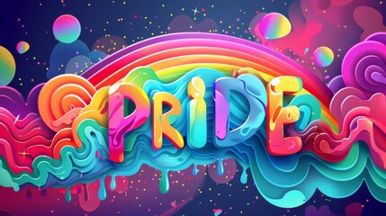 Radiant pride text with rainbow colors and whimsical clouds on dark background, symbolizing inclusivity, joy, and celebration in a vibrant, artistic illustration.