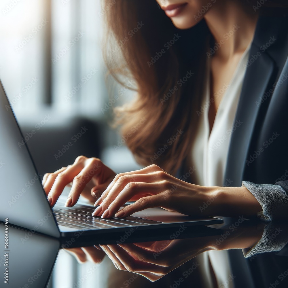Poster close-up of a businesswoman's hands typing on a laptop, with a blurred background of an office setti