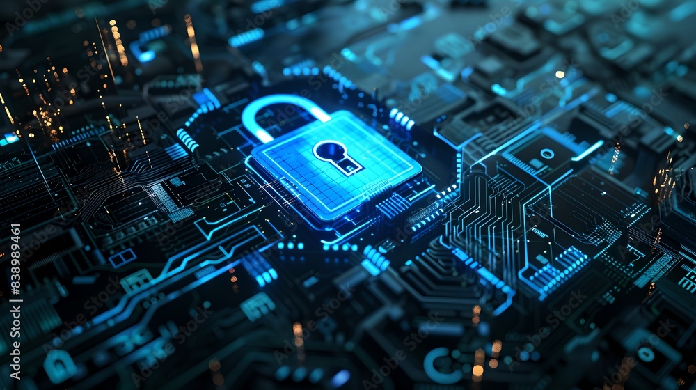 Aufkleber futuristic digital lock on electronic circuit board. this image represents cybersecurity in a modern