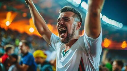 Ecstatic soccer fan shouts with joy and enthusiasm, rejoicing in a stadium victory