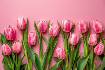 Obraz premium Flowers Pink Background. Beautiful Bouquet of Pink Tulips on Pastel Pink Background for Valentine's Day, Easter, Birthday