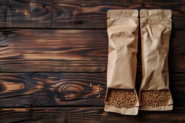 Fototapeta premium Seed Packet. Planting Seeds in Paper Bags on Wooden Table. Top View for Agriculture Background