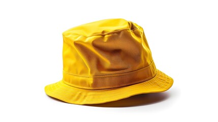 Fototapeta premium Bright yellow bucket hat isolated on white background. This image is perfect for summer fashion and outdoor wear concepts. Stock photo for marketing and promotional use. AI