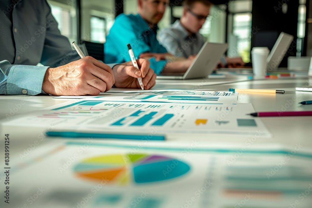 Poster business team collaborating on a financial strategy with charts on the table, space for text in the 