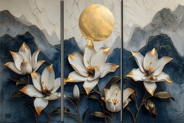 three panel wall art, white marble background with white lily flowers designs, with golden round...