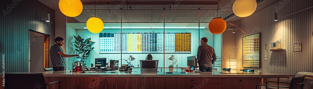 Poster modern office with financial charts displayed on a screen and team members discussing, text space op