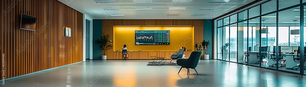 Poster modern office with financial charts displayed on a screen and team members discussing, text space op