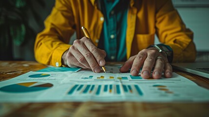 Close-up of hands pointing at financial graphs on paper, background blurred for text space