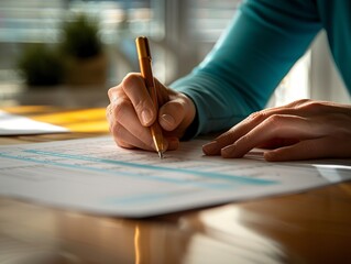 Hands of business professionals writing on financial plans, space for text on the side