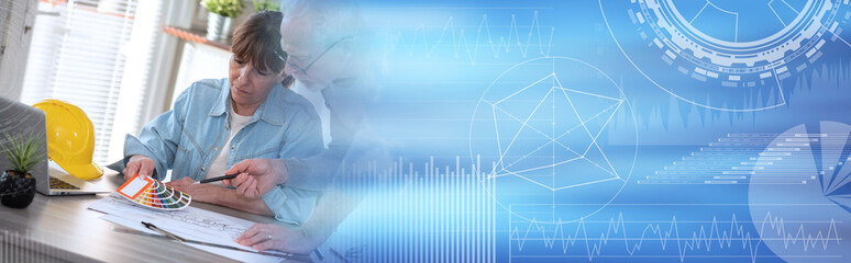 Architects working on sketch and using color swatch; panoramic banner