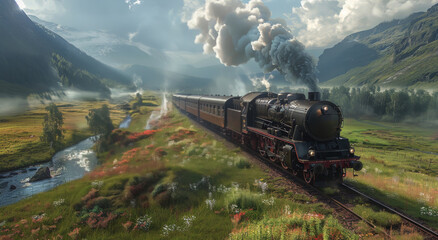 A Vintage Steam Engine Train Traveling Through a Forest Landscape