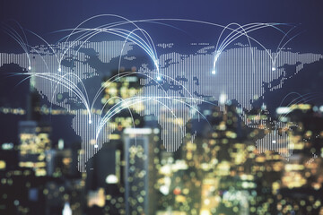 Double exposure of abstract digital world map hologram with connections on blurry cityscape background, research and strategy concept