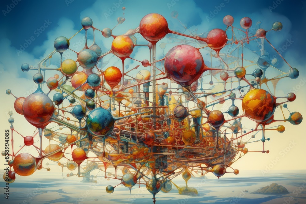 Poster colorful 3d rendering of a complex molecular network against a dreamy sky background