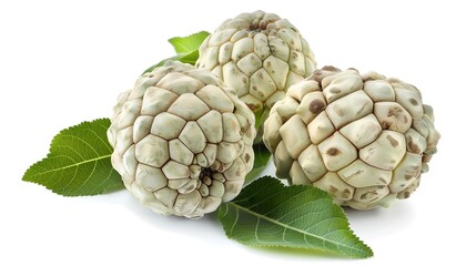 Fototapeta premium Close-up of fresh cherimoya fruit on white background. High-quality botanical image with green leaves and detailed texture. Ideal for food and healthy lifestyle designs. AI