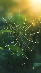 Fototapeta premium Nature macro shot Dew drops on a spider web with sunlight glistening, under morning light, in a delicate style, with space on the right for text