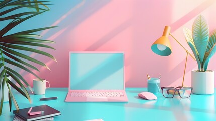 Vibrant Pastel Themed Workspace with Laptop and Modern Accents