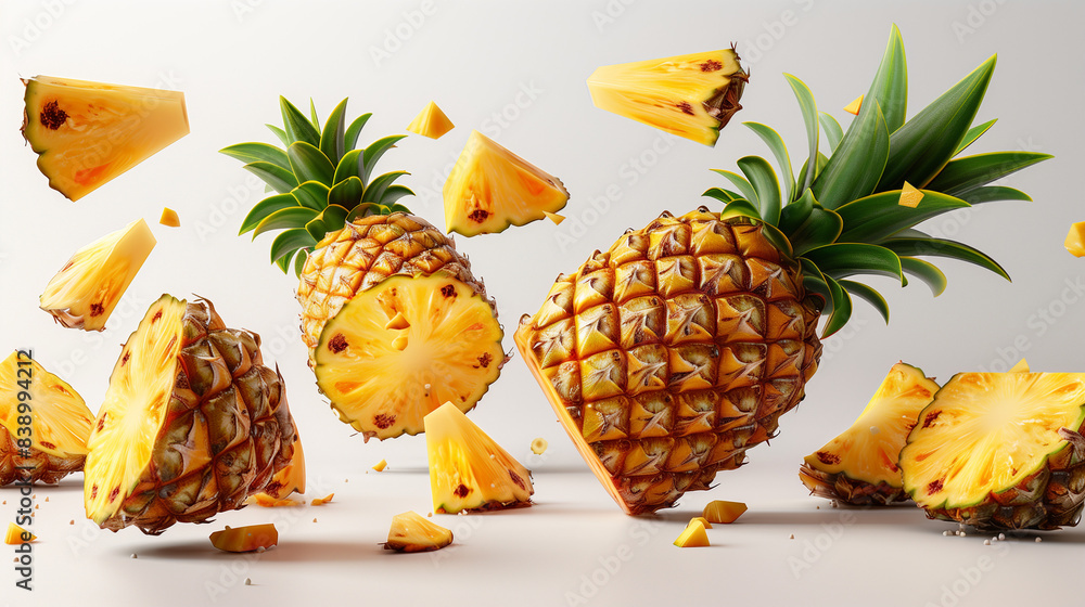 Wall mural Falling Pineapple slice isolated on white background, clipping path, full depth of field. Fresh ripe pineapple fruit, pineapple fruit slices isolated. Juicy fruit design elements composition.  - Wall murals