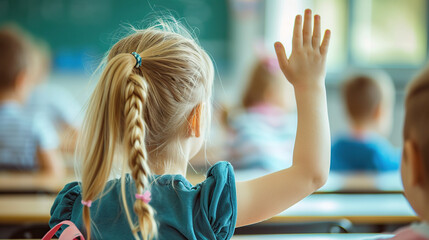 Fototapeta premium Close up of a child girl with blonde hair sitting in a classroom and raising her hand to ask the teacher a question during class at school