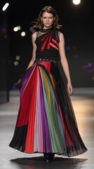 A model walks down the runway in a multicolored dress, AI