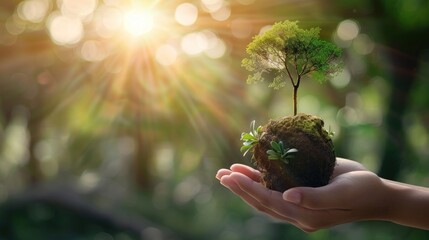 Hands Holding Small Tree with Sunlight