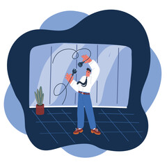 Cartoon vector illustration of man puts plug in the socket over dark background
