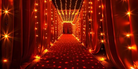 Red carpet star lights and curtains create a glamorous entrance. Concept Red Carpet Events, Starlit Atmosphere, Glamorous Entrances, Luxe Curtains, Event Lighting