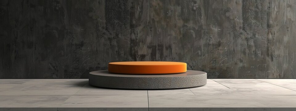 horizontal image, front view, stone 3d podium, dark interior background. For design, banner, product, contest, advertisement, presentation, card, flyer, poster