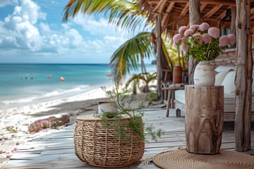 Wood and Wicker Fusion: Bohemian Rattan Podium in a Relaxed Tulum Beach Hut with Pink Flowers and Ocean View