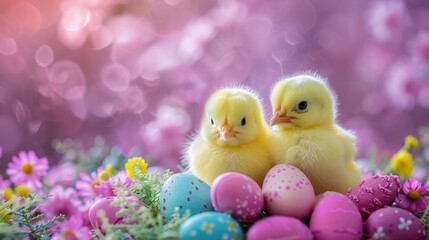 Two small yellow chicks sitting on top of a bunch of colorful eggs, AI - Powered by Adobe