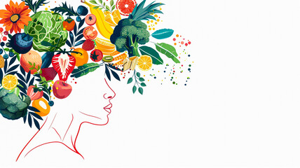A illustration of the head with brain made from fruits, vegetables, and other healthy foods on white background