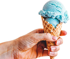 A hand holding an ice cream cone with blue ice isolated on a transparent background
