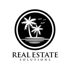 Real estate with tropical beach logo design template vector illustration