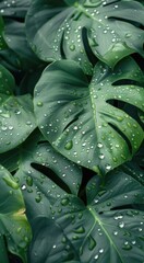 Lush Green Monstera Leaves Covered in Dew After Rain