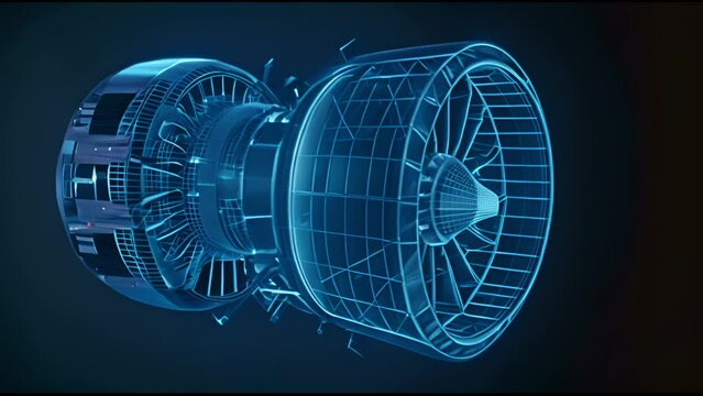 The 3D model is a detailed silhouette of a jet engine turbine. It has a blue jet made from blue lines in the Tron style.